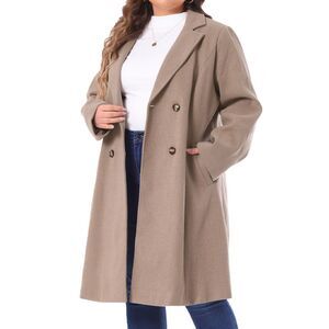 Plus Size Long Notched Lapel Double Breasted Coats Light Brown